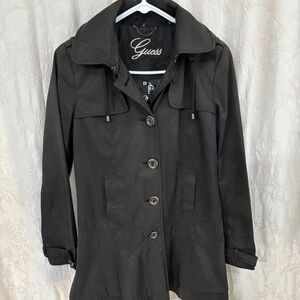 Guess Woman’s Collared Hooded Button Closure Lined  Midi Jacket Black Size M